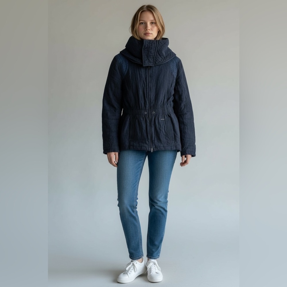 RARE Vintage 90s Diesel women’s moto cotton denim blue quilt parka coat jacket S - Picture 4 of 13